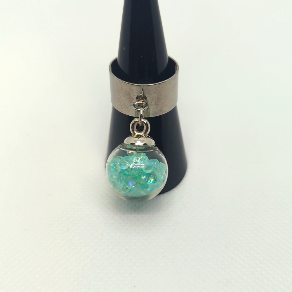 Mint Green Rhinestones In Glass Globe On Adjustable Silver Band Ring